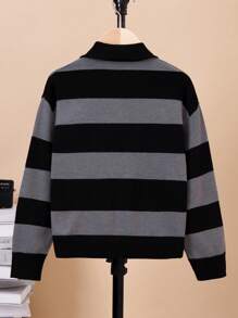 SHEIN Chico preadolescente Jersey de dos tonos de hombros caídos - Negro - Ver 2