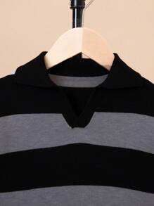 SHEIN Chico preadolescente Jersey de dos tonos de hombros caídos - Negro - Ver 3