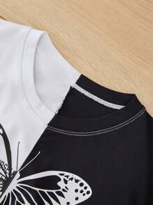 RueChic Tween Girl Butterfly & Slogan Graphic Two Tone Tee - Black and White - View 4