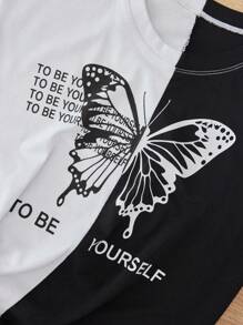 RueChic Tween Girl Butterfly & Slogan Graphic Two Tone Tee - Black and White - View 5