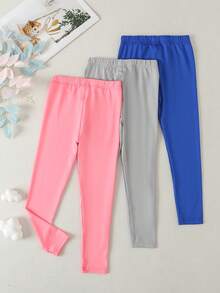 SHEIN Young Girl 3pcs Solid Elastic Waist Leggings - Multicolor - View 2