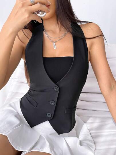 SHEIN EZwear Women's Y2k Vintage Black Button Front Waistcoat In Fall/Winter