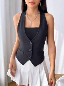 SHEIN EZwear Women's Y2k Vintage Black Button Front Waistcoat In Fall/Winter - Black - View 5
