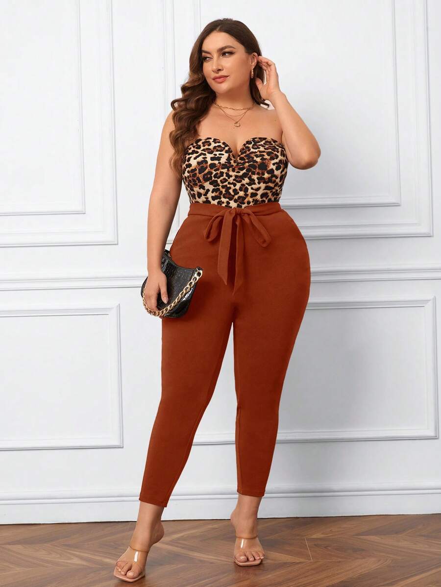 SHEIN Essnce Plus Leopard Print Belted Tube Jumpsuit - Brown - View 1