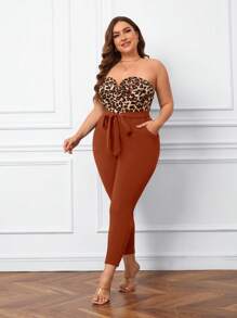 SHEIN Essnce Plus Leopard Print Belted Tube Jumpsuit - Brown - View 3