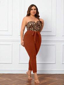 SHEIN Essnce Plus Leopard Print Belted Tube Jumpsuit - Brown - View 4