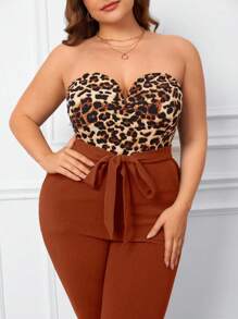 SHEIN Essnce Plus Leopard Print Belted Tube Jumpsuit - Brown - View 5