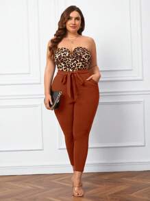SHEIN Essnce Plus Leopard Print Belted Tube Jumpsuit - Brown - View 6