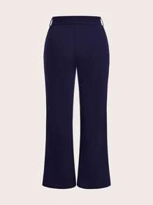 SHEIN LUNE Plus Solid Belted Flare Leg Trousers - Navy Blue - View 2