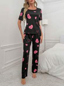 愛心圖案T恤和褲子睡衣套裝 - 黑色 - 查看 3