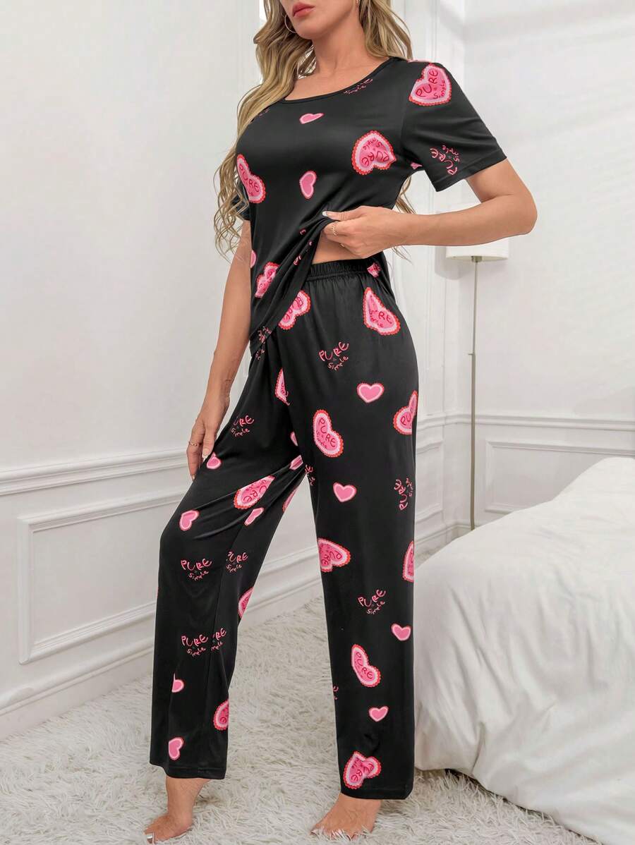 愛心圖案T恤和褲子睡衣套裝 - 黑色 - 查看 1