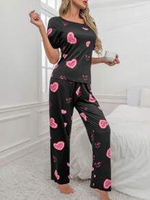 愛心圖案T恤和褲子睡衣套裝 - 黑色 - 查看 6