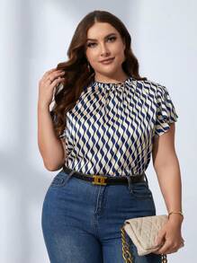 SHEIN Clasi 優雅褶皺邊全身印花加大襯衫