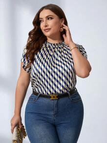 SHEIN Clasi 優雅褶皺邊全身印花加大襯衫