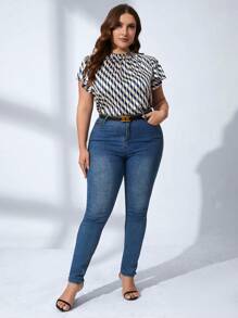 SHEIN Clasi 優雅褶皺邊全身印花加大襯衫