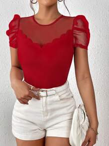 SHEIN Privé 網紗拼接貝殼邊泡泡袖T恤 - 紅色 - 查看 1