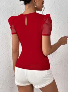 SHEIN Privé 網紗拼接貝殼邊泡泡袖T恤 - 紅色 - 查看 2