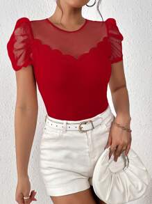 SHEIN Privé 網紗拼接貝殼邊泡泡袖T恤 - 紅色 - 查看 4