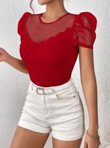 SHEIN Privé 網紗拼接貝殼邊泡泡袖T恤 - 紅色 - 查看 5