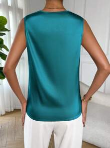 Firerie Draped Collar Satin Sleeveless Blouse - Teal Blue - View 2