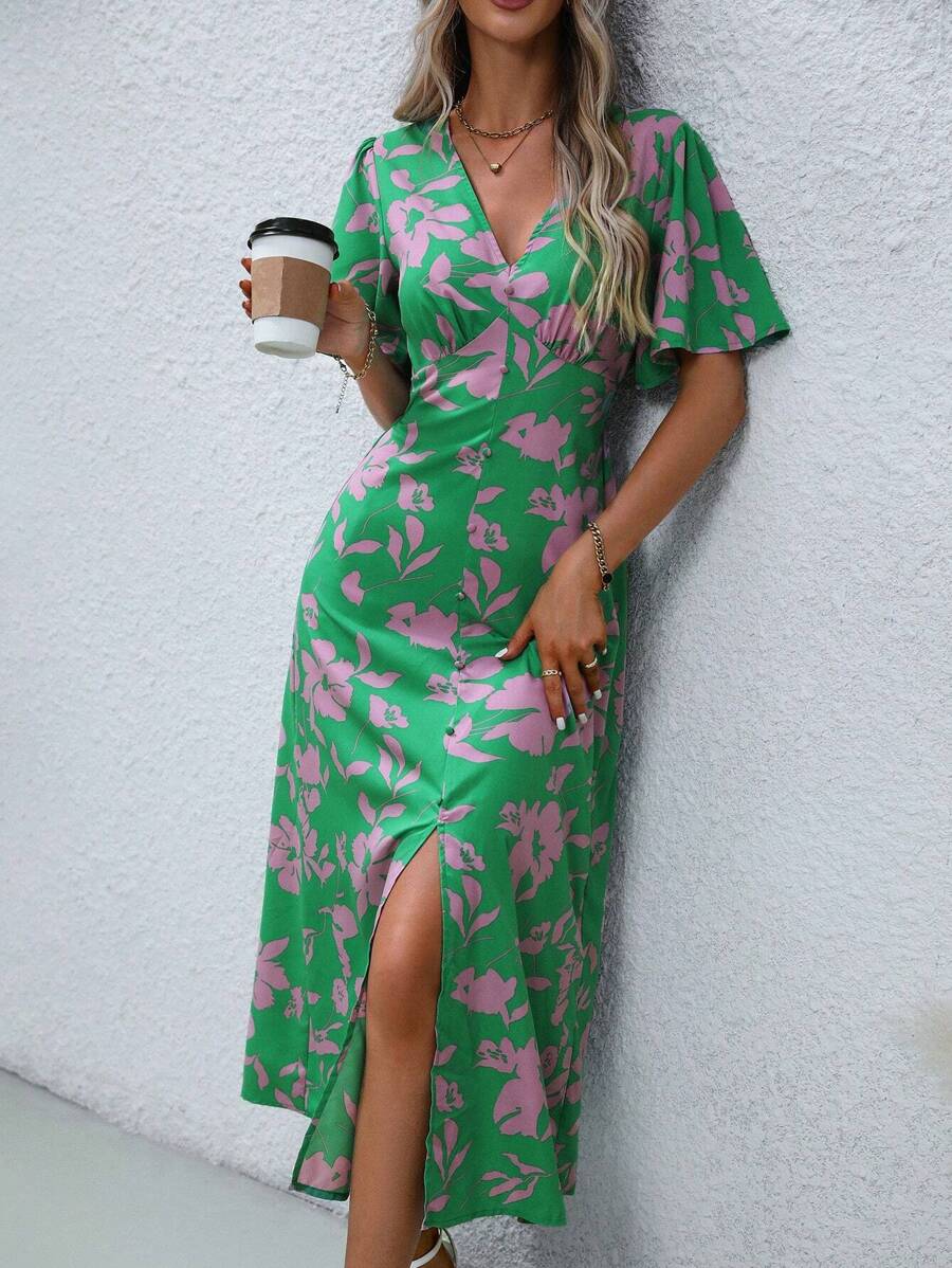 SHEIN LUNE Floral Print Butterfly Sleeve Split Thigh Dress Maxi Women Outfit - Green - View 1