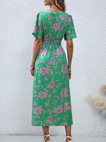 SHEIN LUNE Vestido maxi con estampado floral, mangas con efecto mariposa y abertura en el muslo para mujer
