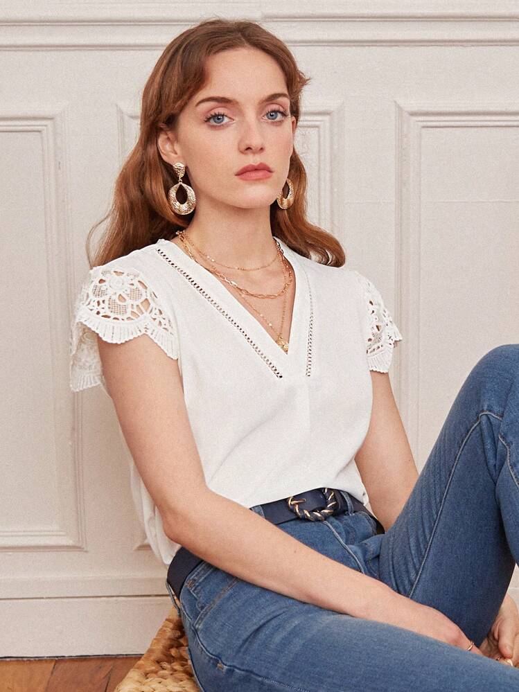 SHEIN Frenchy 水溶蕾絲拼接襯衫 - 白色 - 查看 1