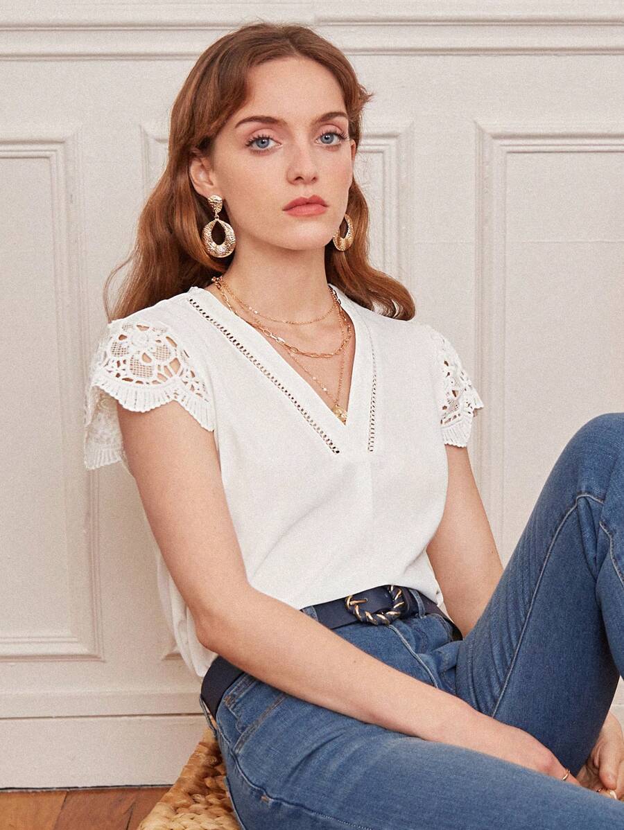 SHEIN Frenchy 水溶蕾絲拼接襯衫 - 白色 - 查看 1