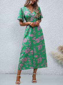 SHEIN LUNE Vestido maxi con estampado floral, mangas con efecto mariposa y abertura en el muslo para mujer