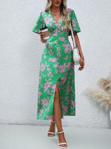 SHEIN LUNE Vestido maxi con estampado floral, mangas con efecto mariposa y abertura en el muslo para mujer