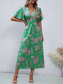 SHEIN LUNE Vestido maxi con estampado floral, mangas con efecto mariposa y abertura en el muslo para mujer