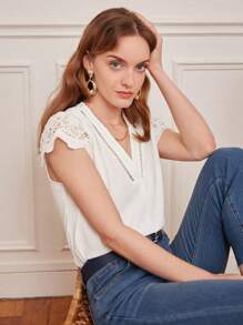 SHEIN Frenchy 水溶蕾絲拼接襯衫 - 白色 - 查看 3