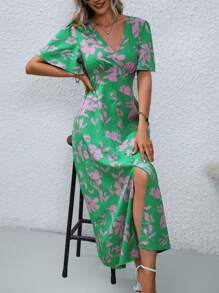 SHEIN LUNE Vestido maxi con estampado floral, mangas con efecto mariposa y abertura en el muslo para mujer