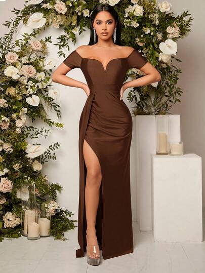 SHEIN Belle Vestido de dama de honor con hombros descubiertos, abertura en el muslo y detalles drapeados, elegante vestido formal para eventos, graduación, cena y fiestas de boda