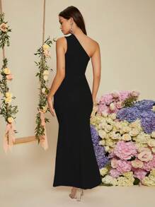 SHEIN Belle Asymmetrical Neck Cut Out Mermaid Hem Solid Dress Black Elegant Formal Evening Prom Wedding Guest Gown, For Graduation, Dinner Party Dress - Black - View 2