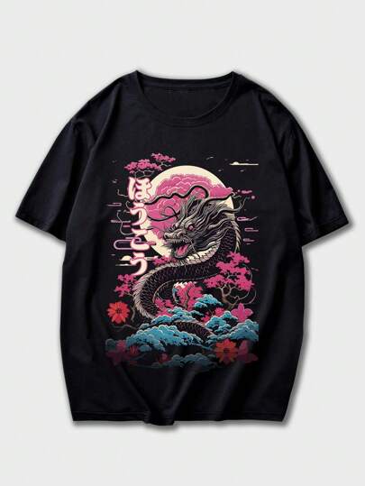 Anime Camiseta japonesa con gráfico de letra y dragón, para hombres, estilo Y2K, escuela