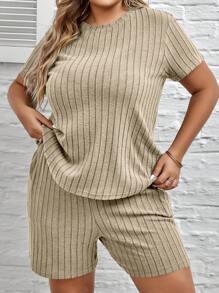 SHEIN LUNE Talla grande Shorts con camiseta tejido de canalé - Albaricoque - Ver 2