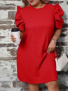 Reflora Plus Size Floral Printed Puff Sleeves Easter Dress