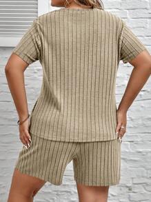 SHEIN LUNE Talla grande Shorts con camiseta tejido de canalé - Albaricoque - Ver 3