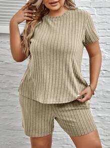 SHEIN LUNE Talla grande Shorts con camiseta tejido de canalé - Albaricoque - Ver 5