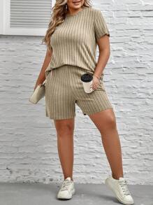 SHEIN LUNE Talla grande Shorts con camiseta tejido de canalé - Albaricoque - Ver 6