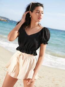 SHEIN Frenchy 雞心領荷葉邊下擺短版襯衫 - 黑色 - 查看 1