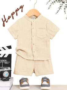 2 Stücke Baby Jungen Lässig Einfarben Kurzarm Hemd und Shorts Set