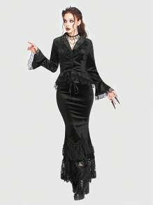 ROMWE Goth Contrast Lace Flare Sleeve Ruffle Hem Velvet Blazer - Black - View 5