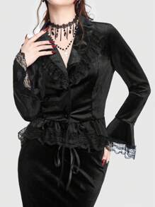 ROMWE Goth Contrast Lace Flare Sleeve Ruffle Hem Velvet Blazer - Black - View 6