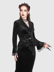 ROMWE Goth Contrast Lace Flare Sleeve Ruffle Hem Velvet Blazer - Black - View 7