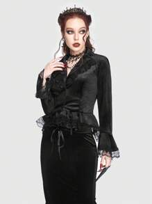 ROMWE Goth Contrast Lace Flare Sleeve Ruffle Hem Velvet Blazer - Black - View 4