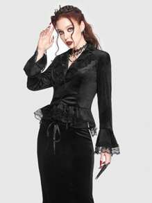 ROMWE Goth Contrast Lace Flare Sleeve Ruffle Hem Velvet Blazer - Black - View 3