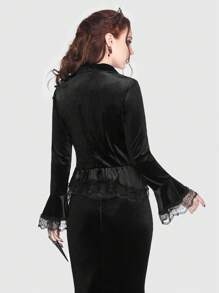 ROMWE Goth Contrast Lace Flare Sleeve Ruffle Hem Velvet Blazer - Black - View 8