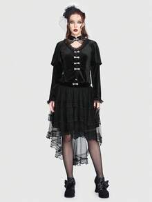 ROMWE Goth 網紗拼接絲絨T恤 - 黑色 - 查看 6